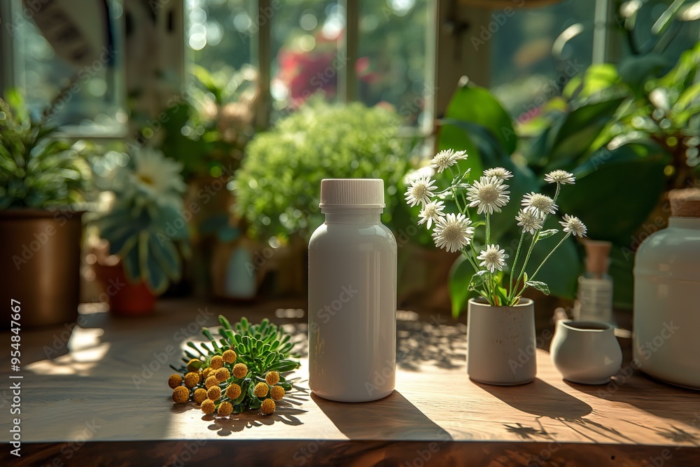 White plastic bottle product mockup on a window sill with a view of nature outside White plastic bottle product mockup on a window sill with a view of nature outside