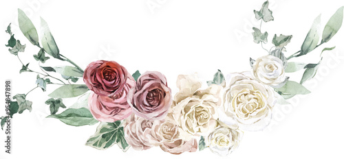 Spring Floral Wedding Bouquet White Cream Pastel Watercolor Corner Banner Elegant Wreath Frame