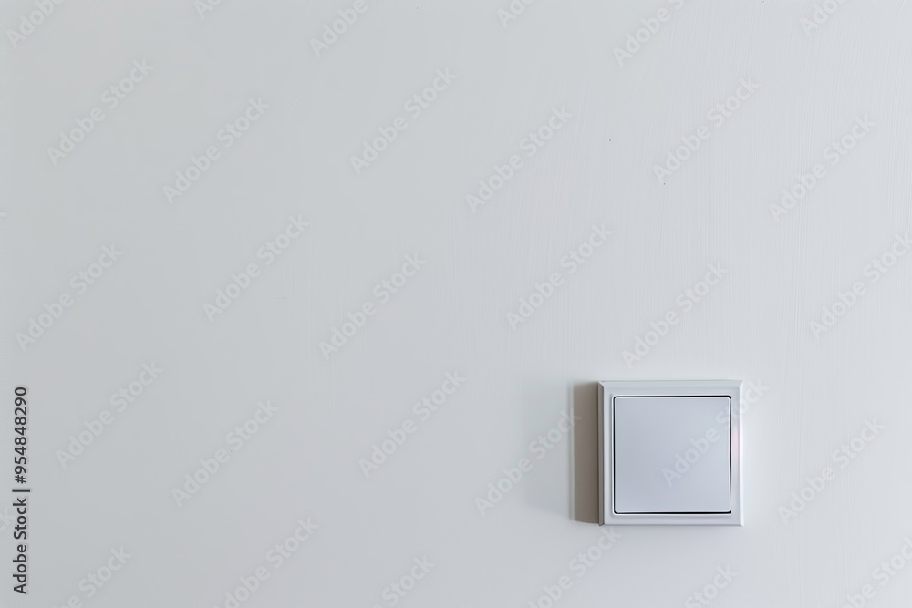 White light switch on white painted wall. Square shaped rocker switch paddle. Simplicity light switch box in Interior, gateway to illumination. Hit the lights. Saving electrical energy. Copy Space White light switch on white painted wall. Square shaped rocker switch paddle. Simplicity light switch box in Interior, gateway to illumination. Hit the lights. Saving electrical energy. Copy Space