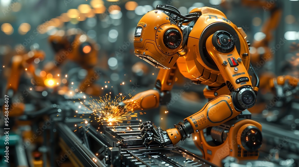An industrial scene where a robotic arm is welding metal components with the guidance of an engineer. The factory is filled with high-tech machinery, An industrial scene where a robotic arm is welding metal components with the guidance of an engineer. The factory is filled with high-tech machinery,