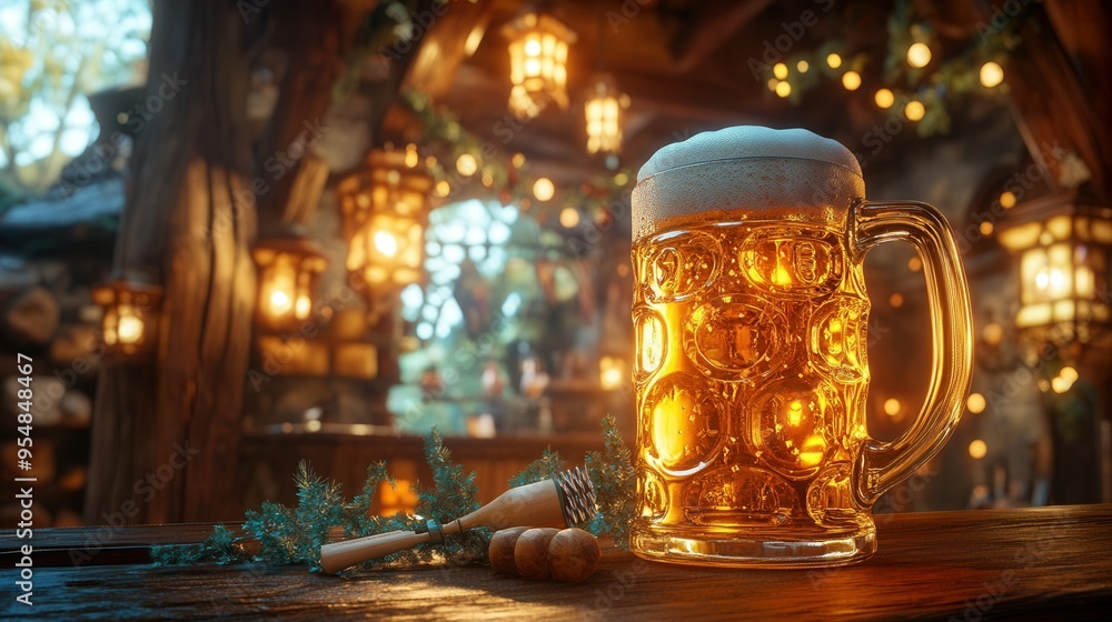 Oversized Glass of Golden Beer in Cozy Tavern. AI generated illustration Oversized Glass of Golden Beer in Cozy Tavern. AI generated illustration