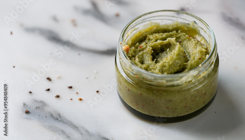 Jar of avocado body scrub on white marble table. Homemade cosmetics. Beauty product.