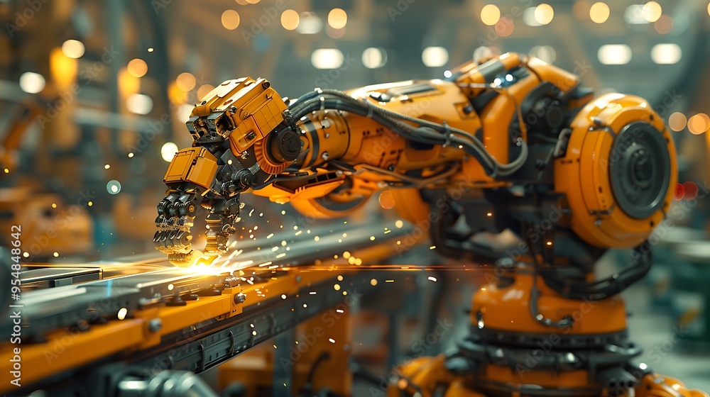 An ultra-realistic depiction of a robotic arm welding metal parts in a factory, with an engineer carefully monitoring the process. An ultra-realistic depiction of a robotic arm welding metal parts in a factory, with an engineer carefully monitoring the process.
