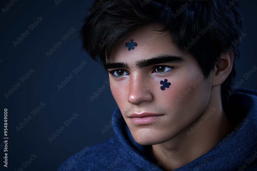 Mirror neurons Serotonin drop Young man with a fragmented face symbolizing the challenges of identity formation and the complexity of self perception Mirror neurons Serotonin drop Young man with a fragmented face symbolizing the challenges of identity formation and the complexity of self perception