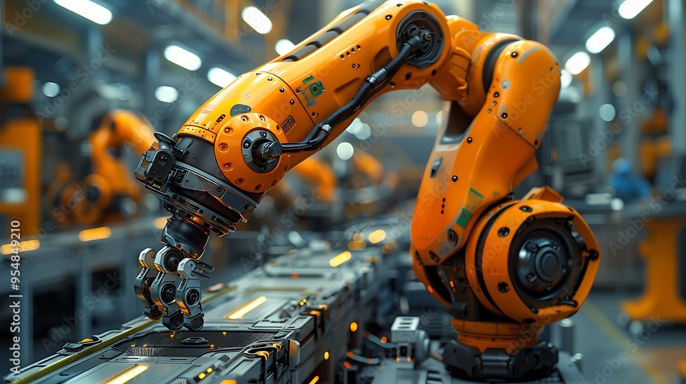 An ultra-realistic scene of a technician performing maintenance on an industrial robot's arm in a high-tech manufacturing plant. The background shows various machines and tools, An ultra-realistic scene of a technician performing maintenance on an industrial robot's arm in a high-tech manufacturing plant. The background shows various machines and tools,