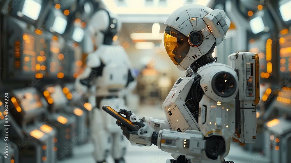 An ultra-realistic scene of a worker interacting with a robot via a tablet in a high-tech facility. The robot is positioned in front of the worker, awaiting commands,