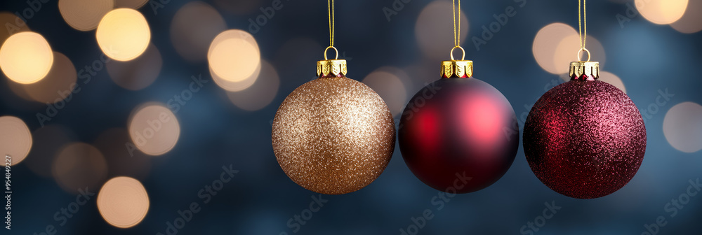 Rich burgundy and gold Christmas balls hanging on a sophisticated blurred background with elegant deep toned lighting Rich burgundy and gold Christmas balls hanging on a sophisticated blurred background with elegant deep toned lighting