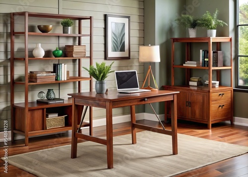 Rich cherry wood desk and shelf ensemble adds a touch of classic charm to rustic office settings, ideal