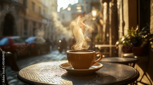 Steaming Espresso Cup on Cafe Table with European Street View. AI generated illustration