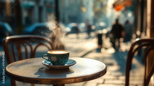 Steaming Espresso Cup on Cafe Table with European Street View. AI generated illustration