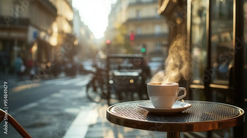 Steaming Espresso Cup on Cafe Table with European Street View. AI generated illustration