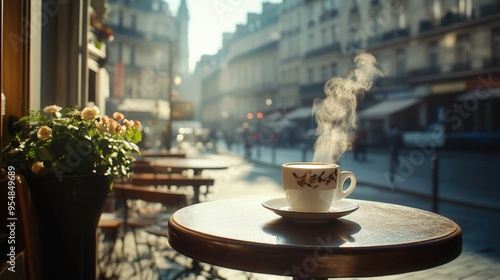 Steaming Espresso Cup on Cafe Table with European Street View. AI generated illustration