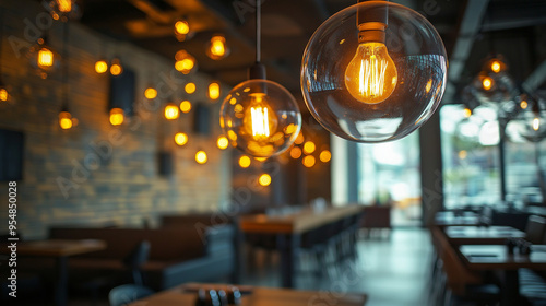 A restaurant interior featuring, modern lighting fixtures that add a touch and style