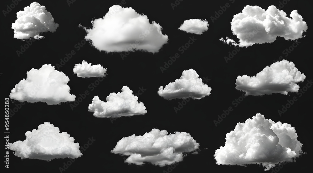 “30 White Clouds of Various Shapes Isolated on a Black Background, Perfect for Digital Design, Weather-Themed Projects, and Creative Visuals, Offering High-Contrast and Versatile Cloud Elements for Di “30 White Clouds of Various Shapes Isolated on a Black Background, Perfect for Digital Design, Weather-Themed Projects, and Creative Visuals, Offering High-Contrast and Versatile Cloud Elements for Di
