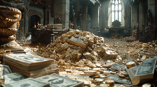 Pile of lot of paper money and gold treasure and gold antique utensils and gold pots lying in the centre of the huge hall. Generative AI. photo