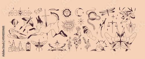 Mystic tattoos set. Hand drawn arts of celestial elements. Magic eye, occult moon and sun, astrology in sketch style. Stylized flowers, birds, skull, moths. Outline isolated vector illustrations
