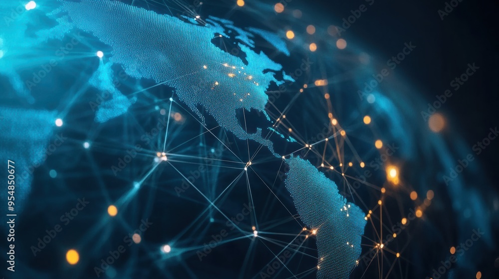Digitally rendered animation of a global network map with nodes lighting up as data is transferred across continents, representing worldwide communication Digitally rendered animation of a global network map with nodes lighting up as data is transferred across continents, representing worldwide communication