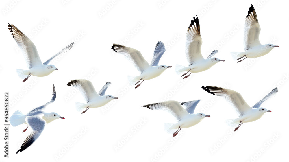 Fototapeta premium Flock of Seagulls in Flight Isolated on transparent Background, PNG file, graphic resources, 