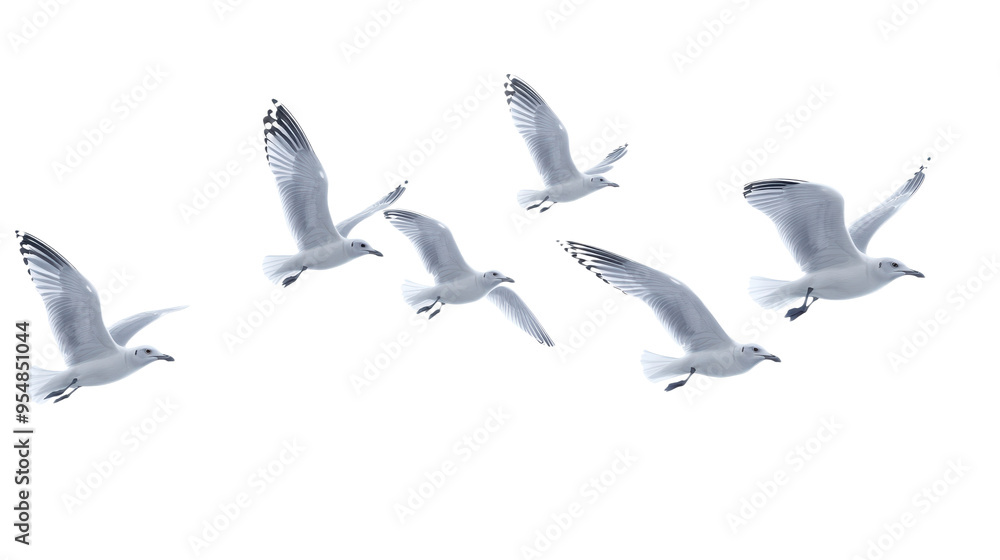 Obraz premium Flock of Seagulls in Flight Isolated on transparent Background, PNG file, graphic resources, 