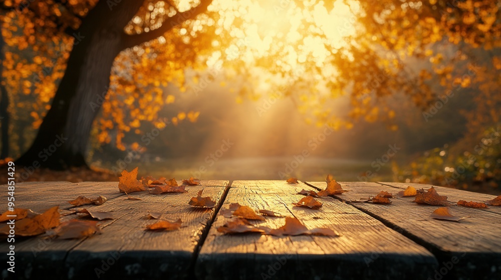 Wooden Table with Autumn Leaves Overlooking Golden Forest and Setting Sun. AI generated illustration Wooden Table with Autumn Leaves Overlooking Golden Forest and Setting Sun. AI generated illustration