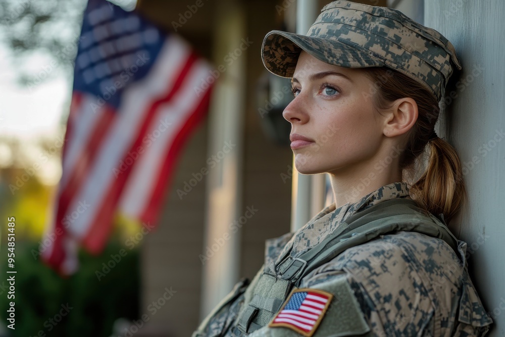 A soldier in uniform standing proudly outside her home, looking off into the distance. A soldier in uniform standing proudly outside her home, looking off into the distance.