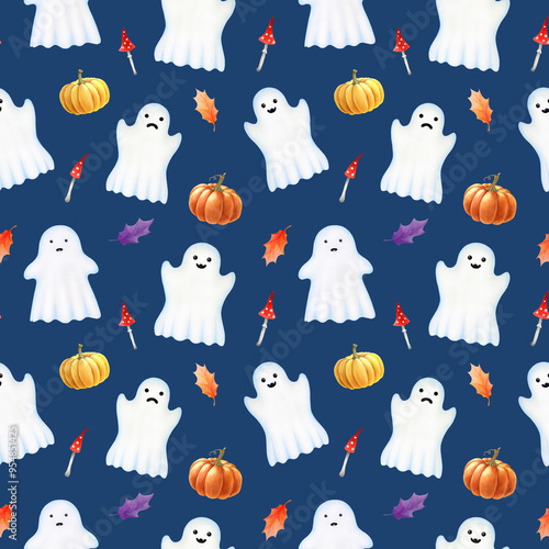 Halloween cute ghost decor seamless pattern. Hand drawn illustration. Spooky ghosts, autumn orange pumpkins, leaves and mushroom on dark background. For Halloween decoration gift packaging, wrapping