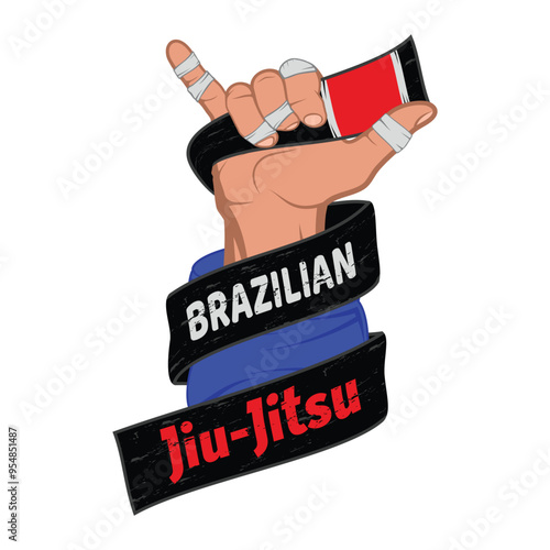 Vector image of a jiu-jitsu fighter's hand. Black belt is a symbol of victory. Traditional Brazilian martial art. Champion of combat. Illustrations for t shirt print. Tournament winner.