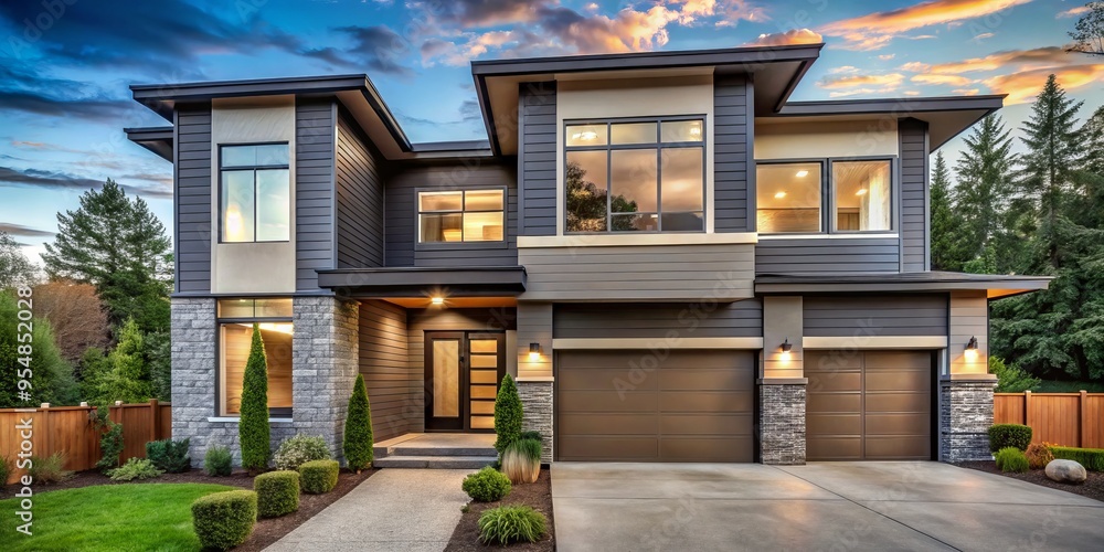 Fototapeta premium Sleek contemporary home features expansive windows, sophisticated design, and a welcoming facade in a desirable