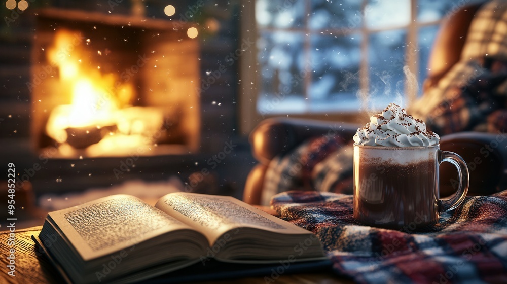 Cozy Winter Night with Hot Chocolate. AI generated illustration Cozy Winter Night with Hot Chocolate. AI generated illustration