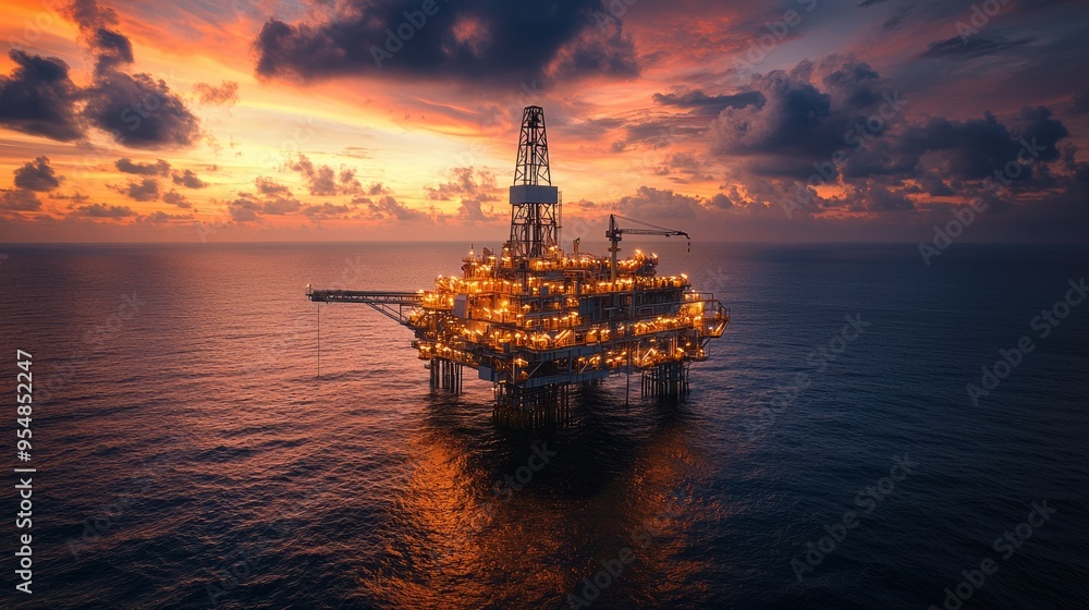 Offshore oil rig platform at sunset with dramatic sky and reflections Offshore oil rig platform at sunset with dramatic sky and reflections