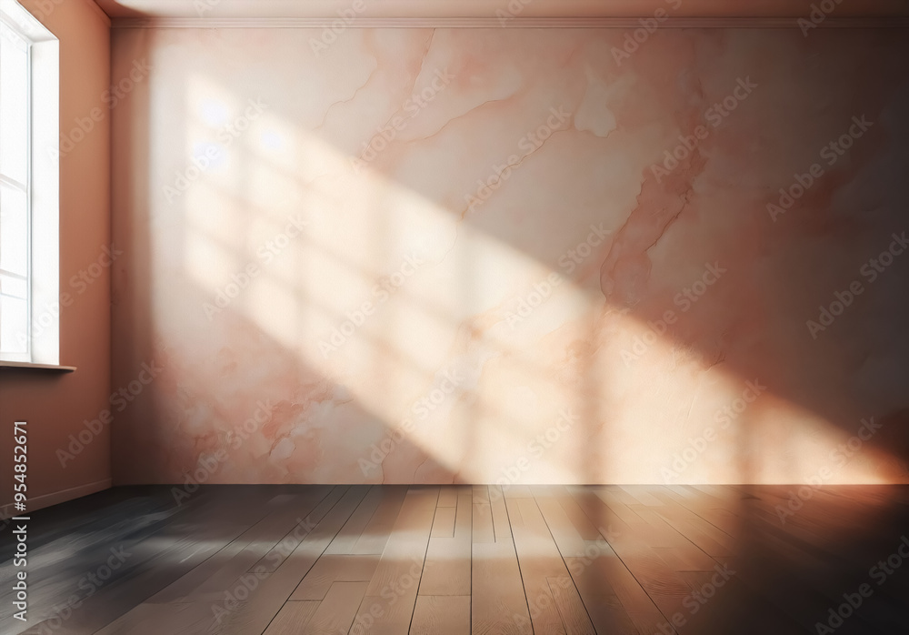 Ein rosafarbener Raum mit Holzfußboden und einem Fenster, durch das Licht mit Schattenwurf einfällt Ein rosafarbener Raum mit Holzfußboden und einem Fenster, durch das Licht mit Schattenwurf einfällt