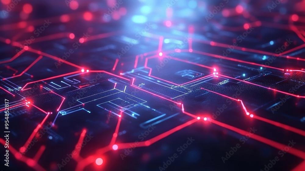 Futuristic 3D animation of interconnected digital nodes and circuits, looping smoothly to represent technology and innovation Futuristic 3D animation of interconnected digital nodes and circuits, looping smoothly to represent technology and innovation