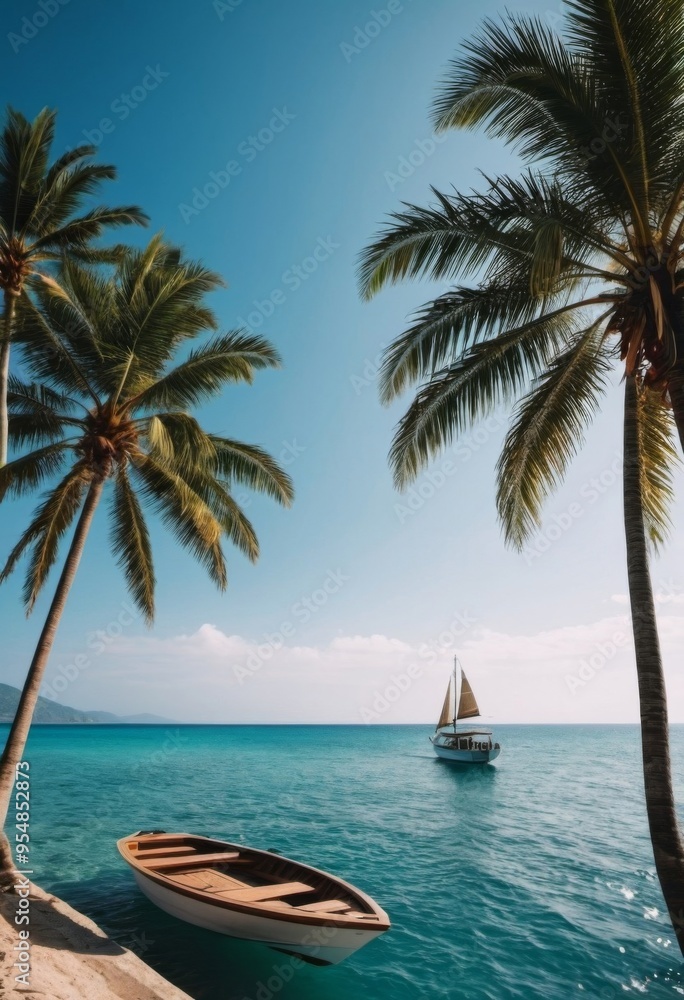 boat and palm tree on tropical islands phone wallpaper. ai generated boat and palm tree on tropical islands phone wallpaper. ai generated