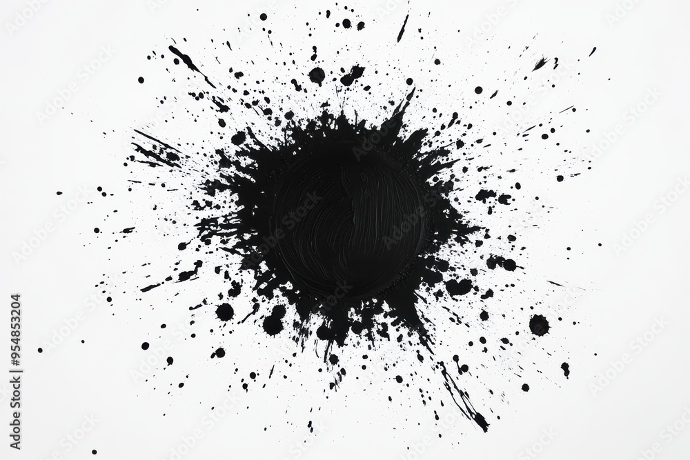 A striking abstract design featuring a circular black ink splatter on a white background A striking abstract design featuring a circular black ink splatter on a white background