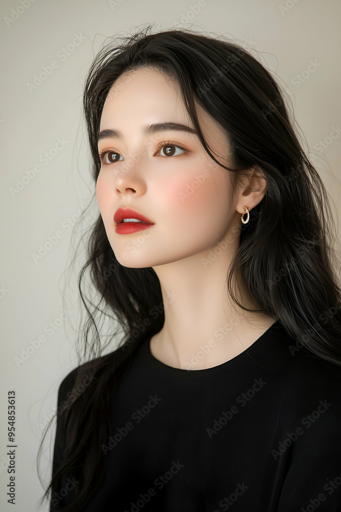 Elegant woman with dark wavy hair and bold red lipstick