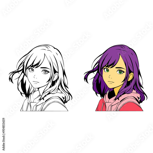 Cartoon girl with tinted hair in japanese clothes. Hand drawn vector illustration. Contour picture for avatar, colouring book, mobile games etc.