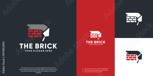 abstract logo of shovel and red brick, construction worker, graphic design template.