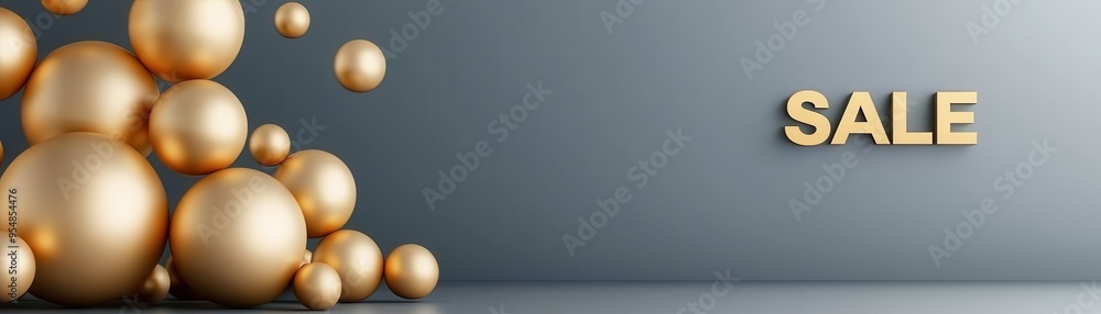 Stylish golden spheres and a prominent sale sign on a modern gray background, perfect for promotional materials. Stylish golden spheres and a prominent sale sign on a modern gray background, perfect for promotional materials.