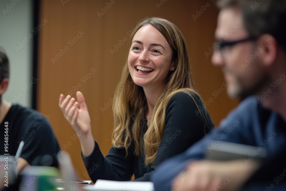 A team of professionals in a meeting room, engaged in a lively discussion. A woman is smiling A team of professionals in a meeting room, engaged in a lively discussion. A woman is smiling