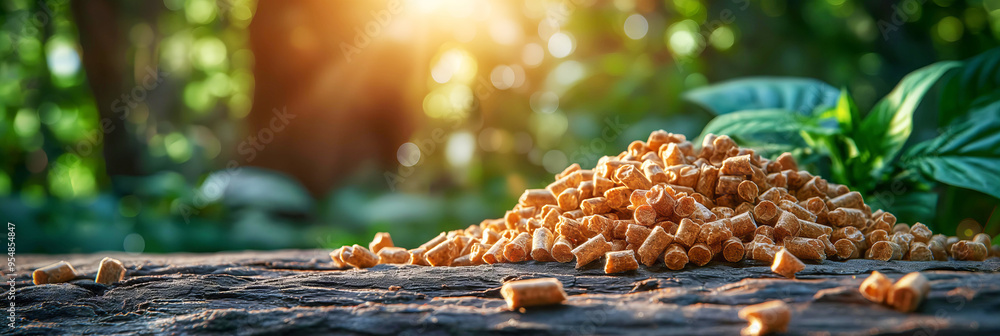Fototapeta premium Heap of natural wood chips on a rustic table outdoors in nature in a concept of natural resources and renewable energy with copy space