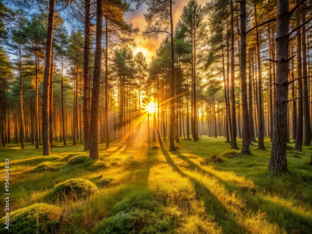 Capture the soft, warm light of a sunset over a forest with a sense of movement, as if the trees and underbrush are swaying gently in the breeze. Capture the soft, warm light of a sunset over a forest with a sense of movement, as if the trees and underbrush are swaying gently in the breeze.