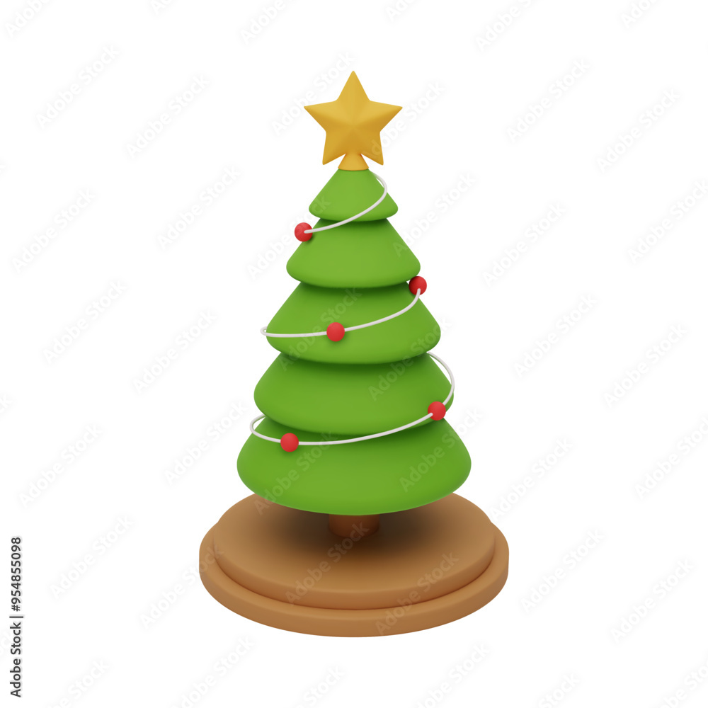 3d cute Christmas decorated pine tree on a podium. New year tree with red balls and golden star on top, isolated on white background. 3d rendered Christmas tree icon. Vector illustration 3d cute Christmas decorated pine tree on a podium. New year tree with red balls and golden star on top, isolated on white background. 3d rendered Christmas tree icon. Vector illustration