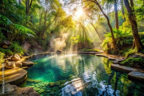 Hot springs mineral rich waters fill a secluded, natural pool, surrounded by towering trees and lush vegetation, warm sunlight filtering through the leaves, creating a sense of tranquility.