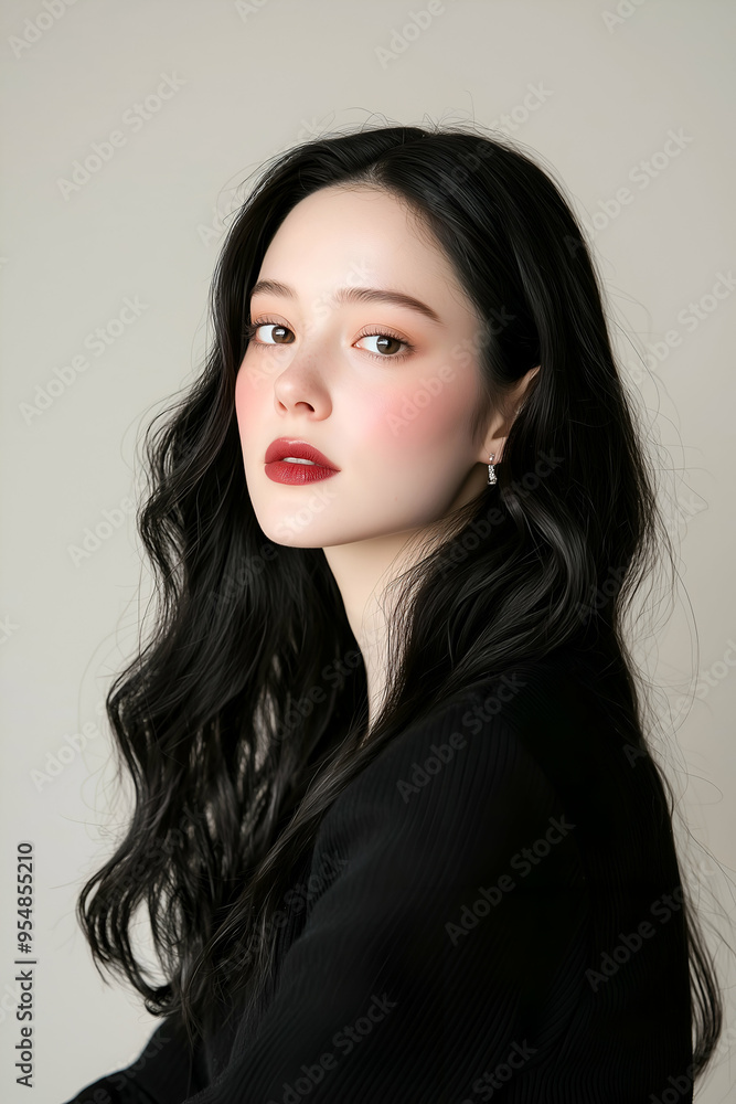 Elegant woman with dark wavy hair and bold red lipstick Elegant woman with dark wavy hair and bold red lipstick