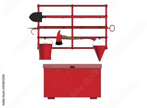 fire equipment wall isolated with sandbox, buckets, shover and axe