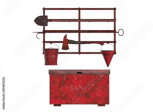 fire equipment wall isolated with sandbox, buckets, shover and axe