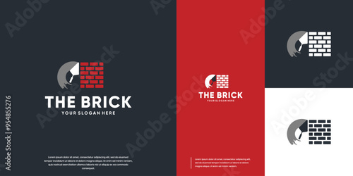 red bricks, building wall, cement shovel, vector graphic design.