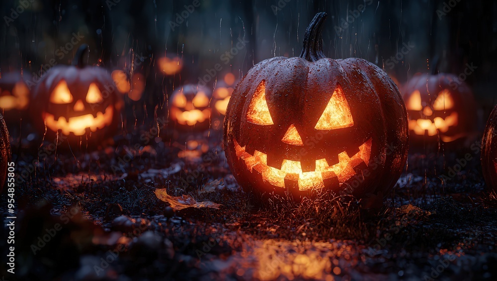 Halloween pumpkins in a dark forest with glowing faces, a spooky scene, Halloween concept Halloween pumpkins in a dark forest with glowing faces, a spooky scene, Halloween concept