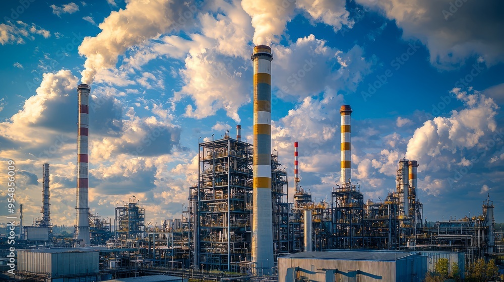 Fototapeta premium Industrial plant with chimneys against a bright blue sky