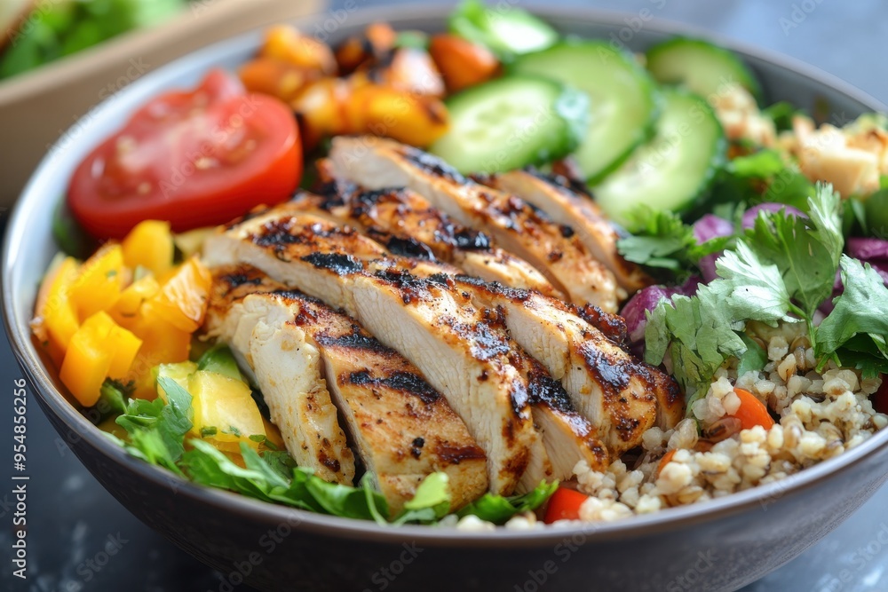 A vibrant and appetizing bowl of grilled chicken salad, beautifully arranged with fresh vegetables, A vibrant and appetizing bowl of grilled chicken salad, beautifully arranged with fresh vegetables,